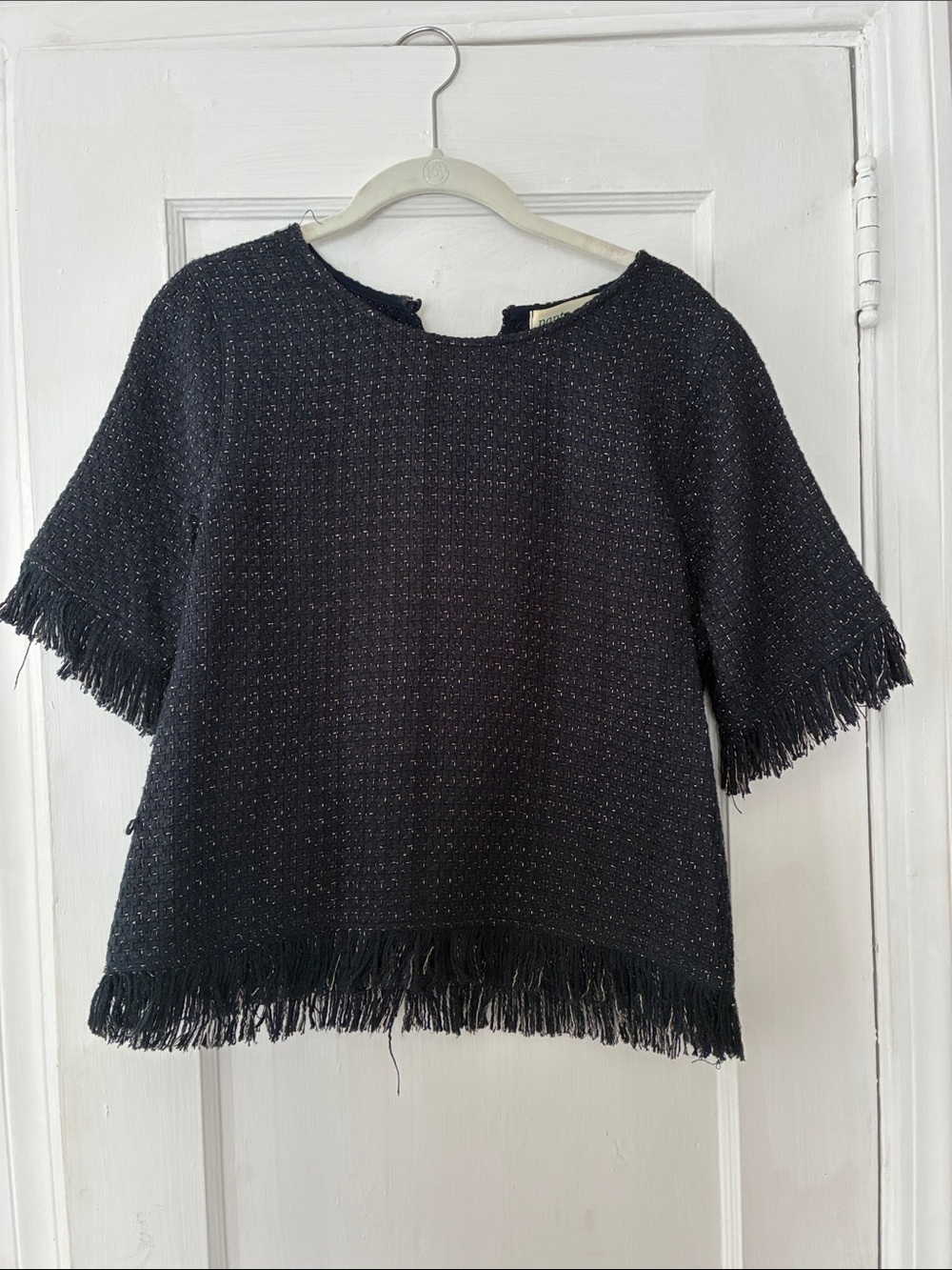 Black Fringe Tweed Short-Sleeve Top